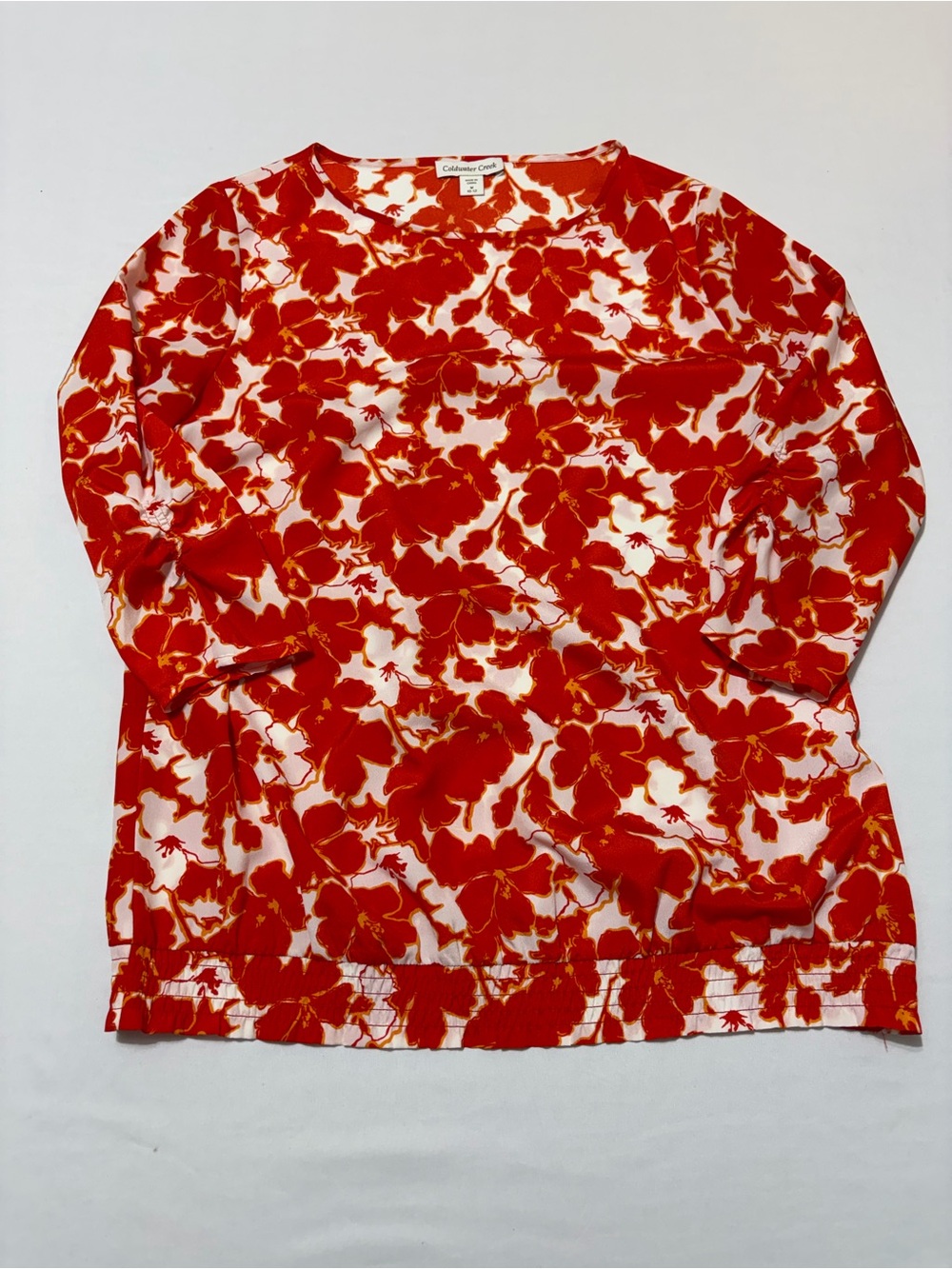 Coldwater Creek Floral Ruched 3/4 Sleeve Smocked Top M Orange White Boho Cottage